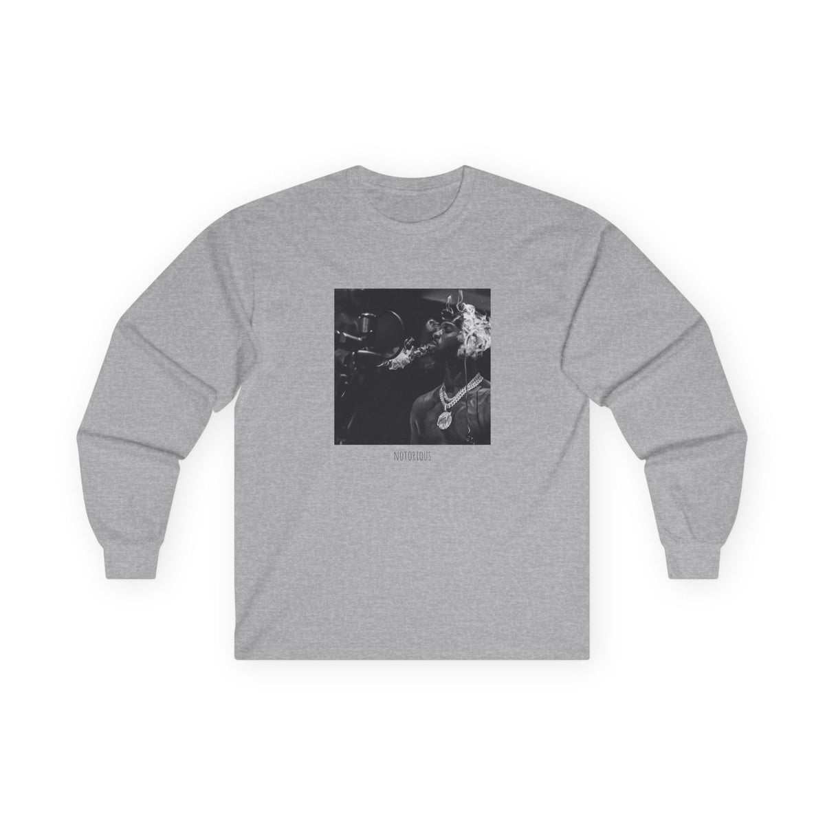 Long Sleeve Tee — Black Square Photo Smoke Graphic with Small Text