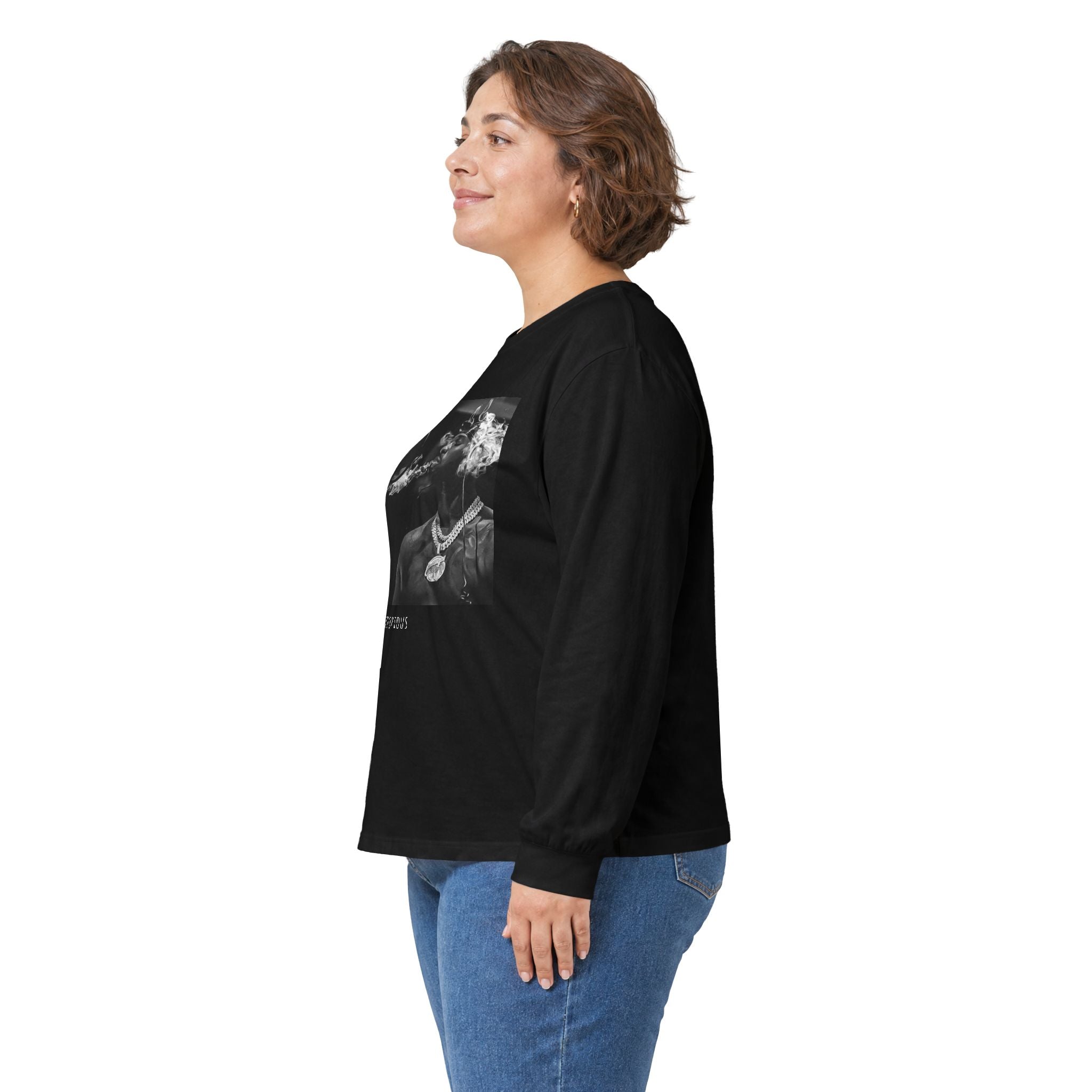 Long Sleeve Tee — Black Square Photo Smoke Graphic with Small Text