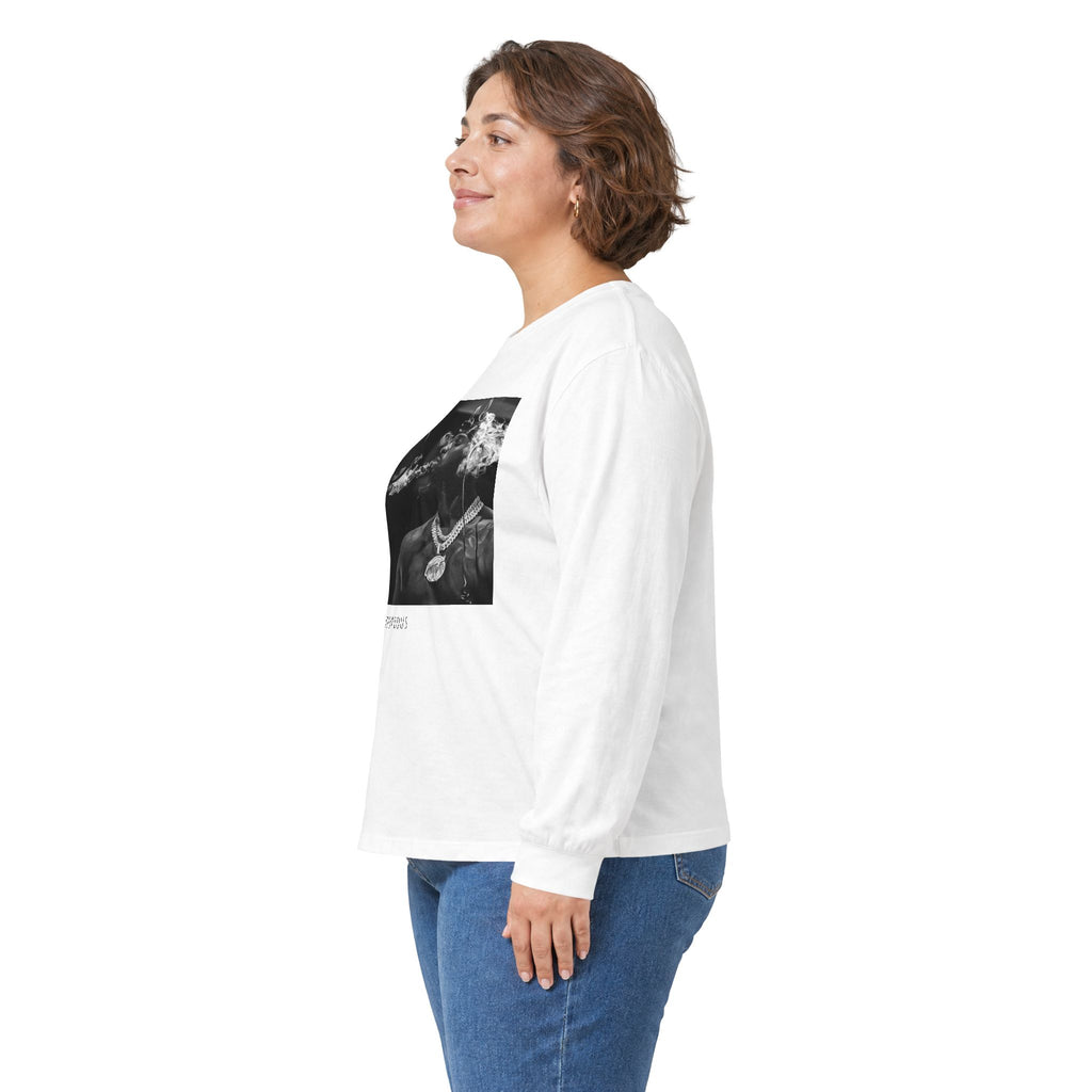 Long Sleeve Tee — Black Square Photo Smoke Graphic with Small Text