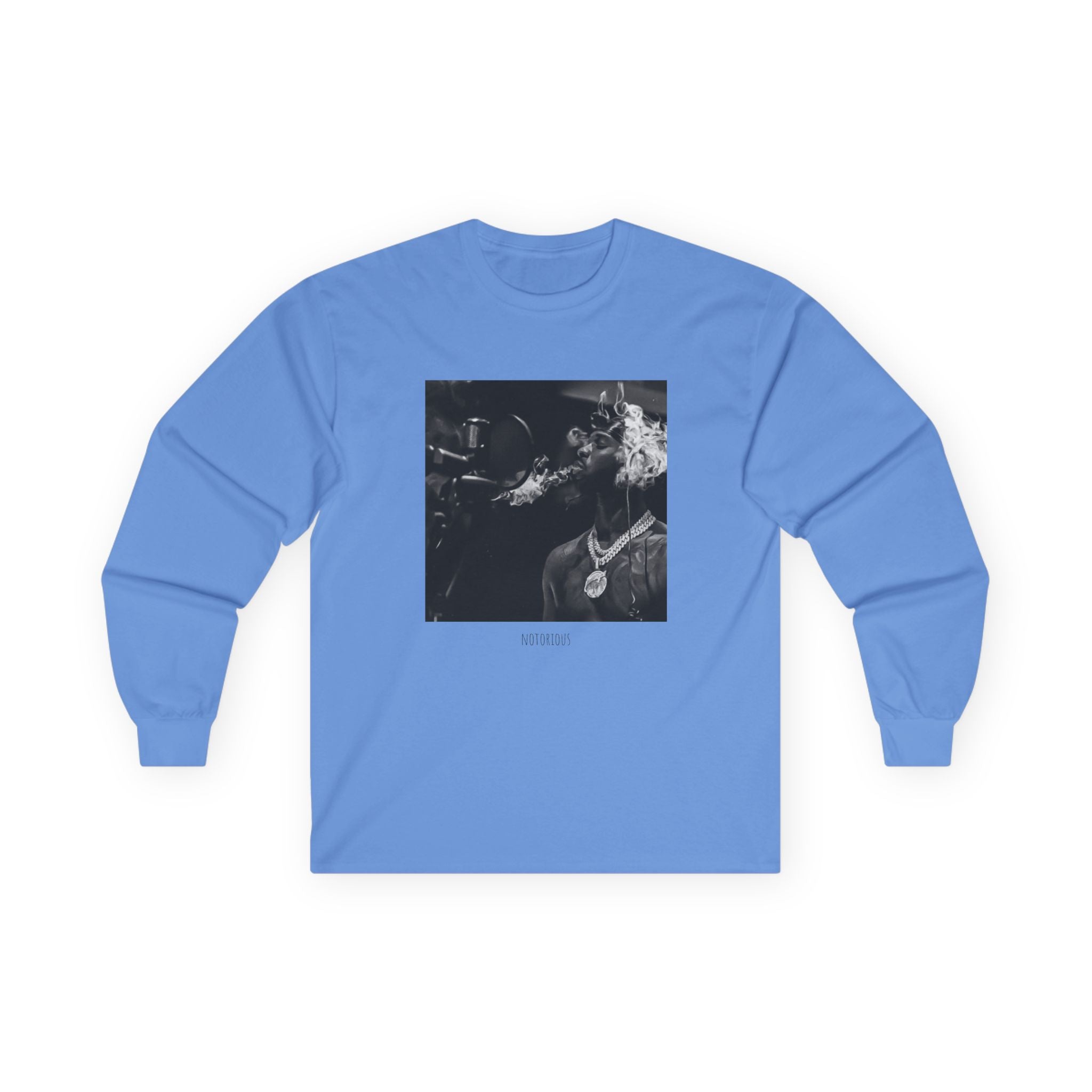 Long Sleeve Tee — Black Square Photo Smoke Graphic with Small Text