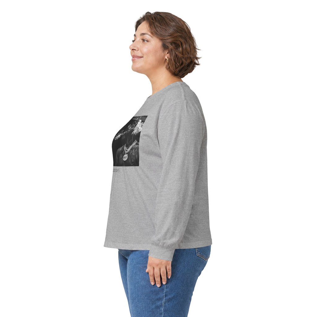 Long Sleeve Tee — Black Square Photo Smoke Graphic with Small Text
