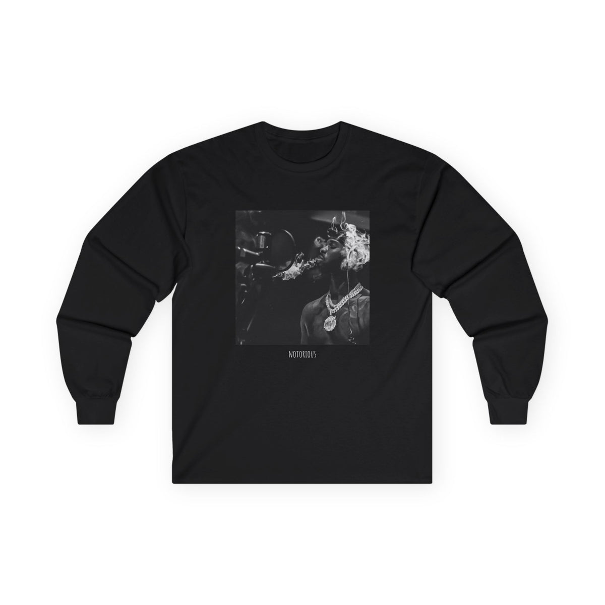 Long Sleeve Tee — Black Square Photo Smoke Graphic with Small Text