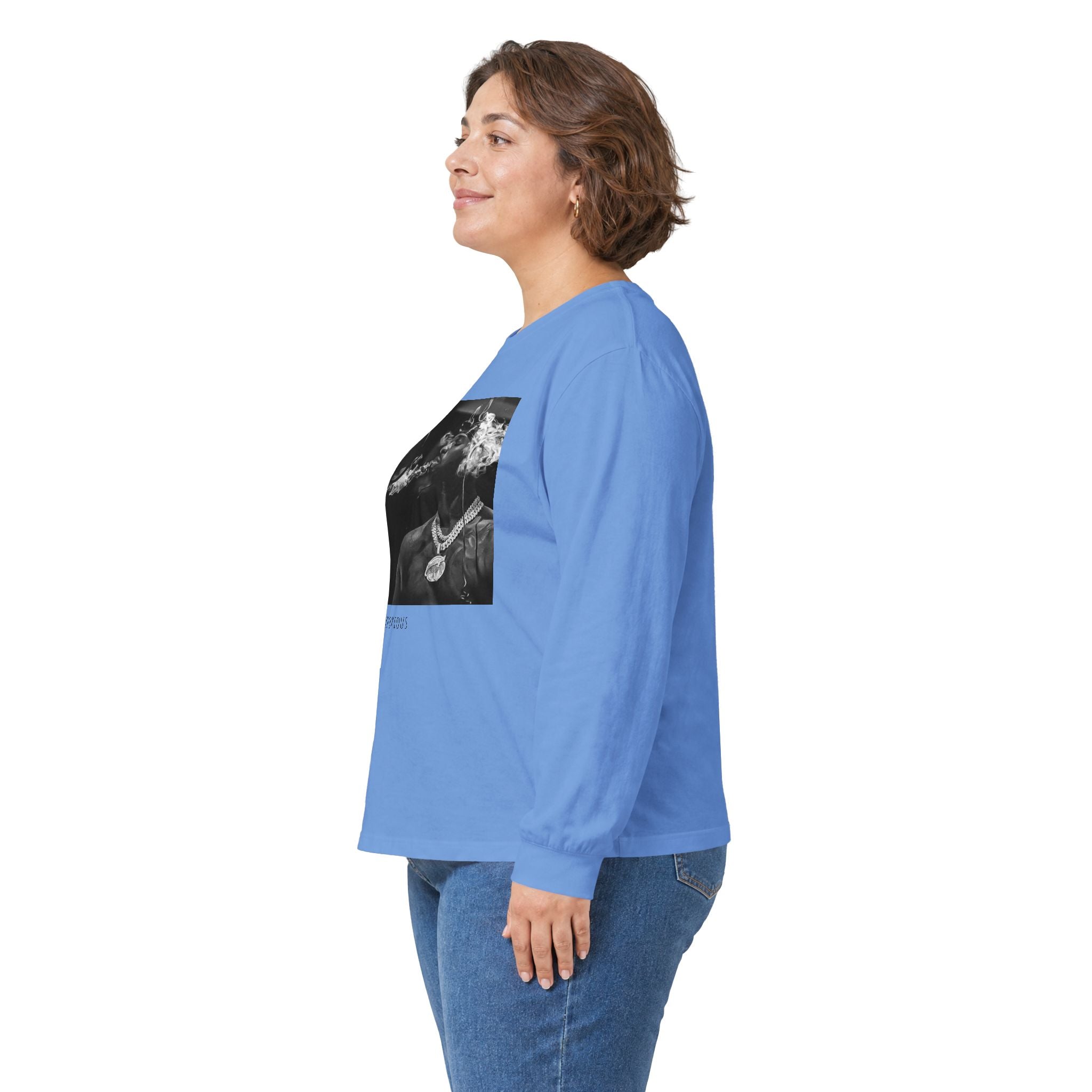 Long Sleeve Tee — Black Square Photo Smoke Graphic with Small Text