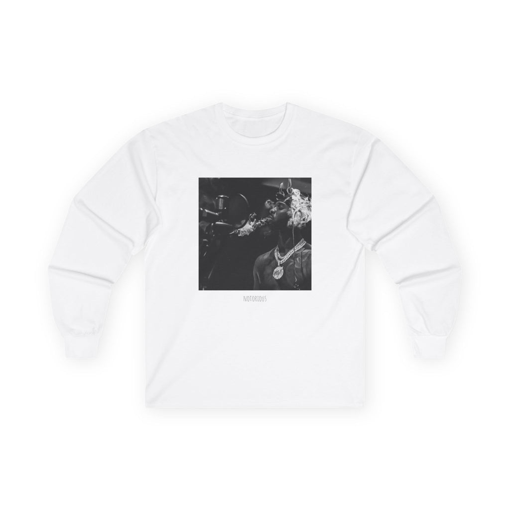 Long Sleeve Tee — Black Square Photo Smoke Graphic with Small Text