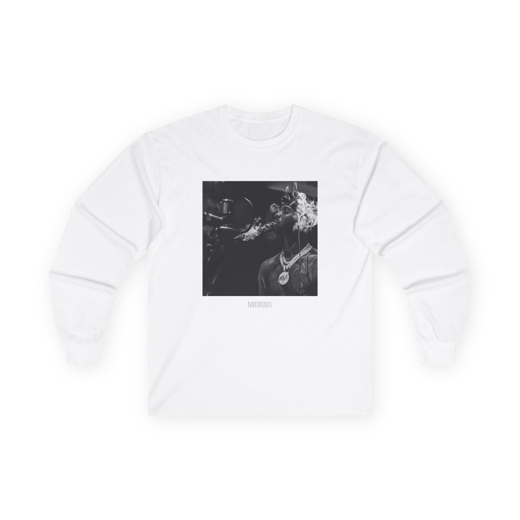 Long Sleeve Tee — Black Square Photo Smoke Graphic with Small Text