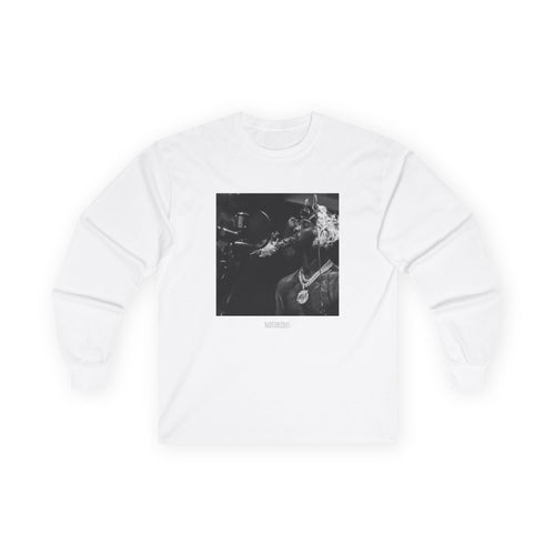 Long Sleeve Tee — Black Square Photo Smoke Graphic with Small Text